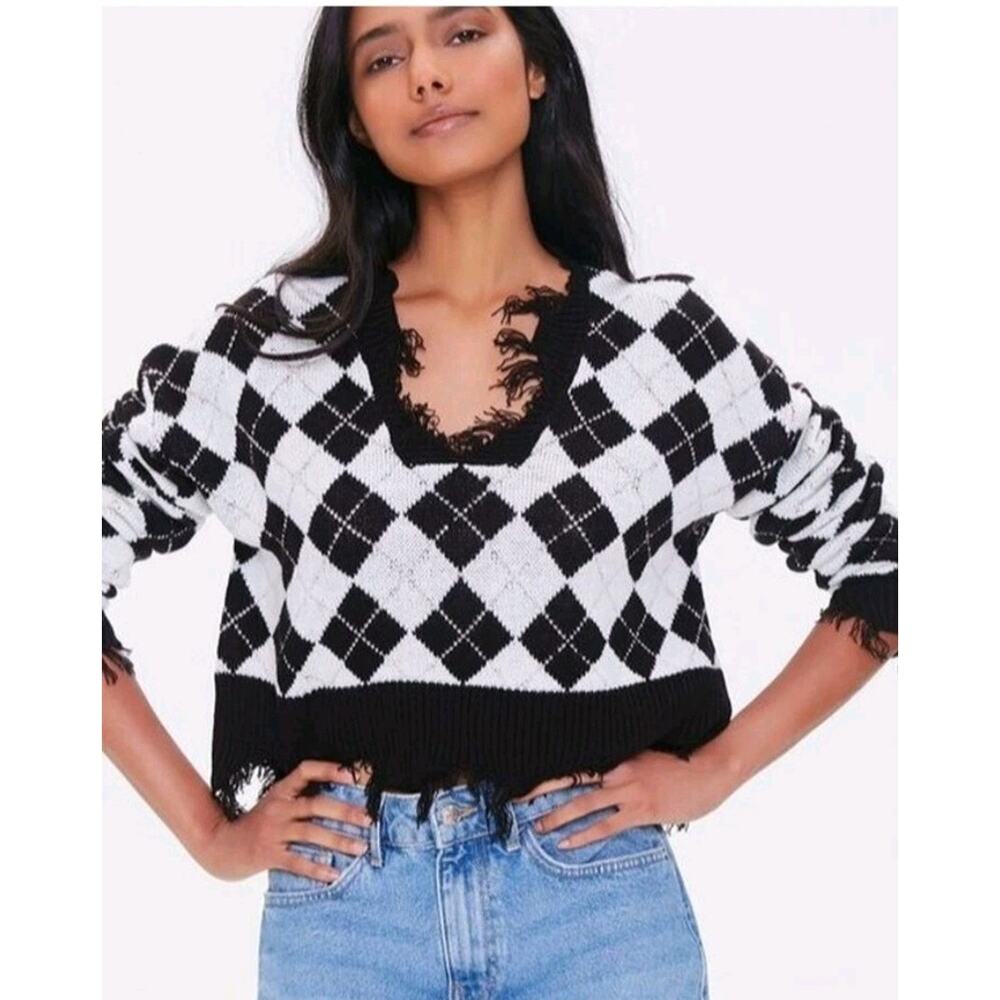 Just Polly New York Knit Argyle Cropped Fringe Sweater Women's Juniors small